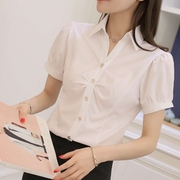 韩版雪纺白衬衫女夏短袖职业装，工作服正装v领大码半袖衬衣女装ol
