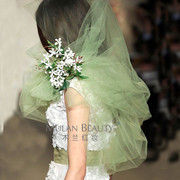 韩国简约遮面素纱新娘，结婚婚纱头纱浅绿色摄影造型裸纱