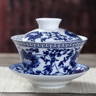 青花瓷盖碗茶杯大号白瓷陶瓷，功夫茶具套装三才，敬茶碗泡茶壶单个