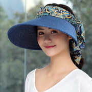 帽子女韩版大沿空顶帽麻布透气可折叠夏季遮阳帽旅游沙滩帽