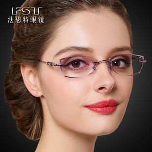 配近视眼镜成品无框眼镜架女纯钛，眼镜框潮钻石，切边眼镜变色近视镜