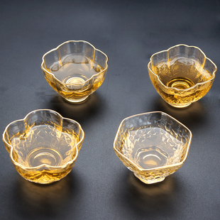 日式六角金边品茗杯耐热玻璃锤目纹小茶杯功夫茶具水晶金线杯