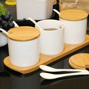 厨房创意竹木陶瓷调味罐三件套胡椒盐罐味精瓶调料盒套装调味瓶罐