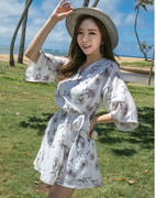 韩国白色雪纺麻印花v领半袖高腰短裙显瘦淑女，碎花连衣裙长腿