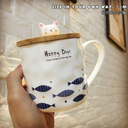 日式Zakka创意猫咪和鱼群马克陶瓷杯子卡通带勺带盖早餐牛奶水杯