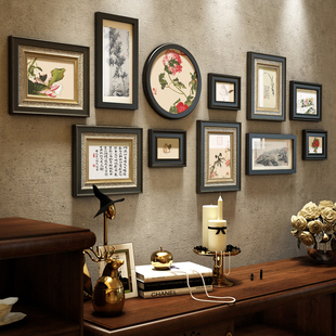 新中式照片墙禅意实木相框墙，组合中国风，客厅沙发背景墙装饰画玄关