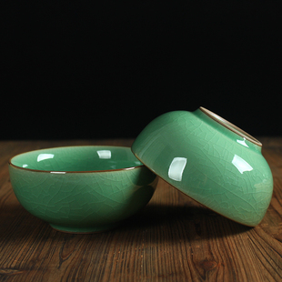 陶瓷碗家用中式米饭碗，创意龙泉青瓷哥窑，4.5英寸冰裂纹餐具小粥碗