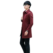 韩版男士春秋装单排扣中长款加肥加大码酒红大衣，修身外套风衣401