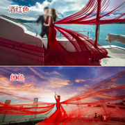 红色单层头纱超长3米5米10米拖尾韩式新娘婚纱，造型裸纱软酒红