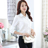 长袖衬衫白色2022秋季韩版纯色，修身蕾丝衫女装雪纺衬衣翻领打底衫