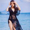 韩国黑色蕾丝三件套泳衣女，显瘦性感分体大小胸，聚拢比基尼罩衫泳装