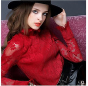 2018秋装韩版女装红色荷叶领镂空褶皱长袖修身蕾丝打底衫女