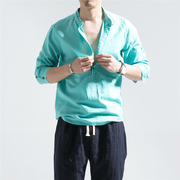 夏季中国风男装复古盘扣三色七分袖衬衫男棉麻立领亚麻衬衣男 潮