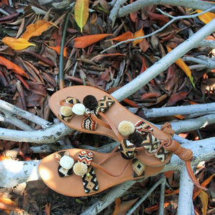 哥仑比亚wayuu部落手工编织绑带，波米罗马风格，民族球球凉鞋