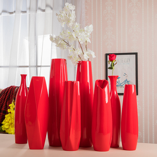 50cm红色落地花瓶中国红陶瓷花瓶现代简约喜庆新房玄关结婚花瓶