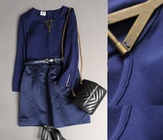 新 欧货出口单 高品质缎面拼接棉线长袖蓝色纯色职业OL连衣裙