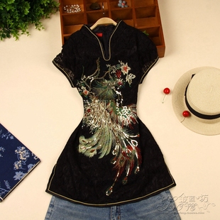 夏季复古民族风大码凤凰绣花女，蕾丝衫短袖唐装，黑色中式旗袍上衣