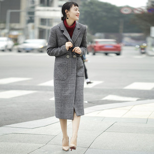 秋冬英伦韩版气质修身格纹双面羊毛呢中长款经典格子大衣外套