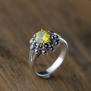 s925纯银泰银镶嵌天然黄水晶绿玛瑙石榴石圆形，复古女士食指戒指