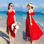 2020夏装大红色v领雪纺，吊带连衣裙大摆海边波西米亚沙滩长裙