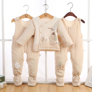 秋冬新生儿婴儿棉衣套装，加厚01岁宝宝，冬季衣服纯棉袄背带裤三件套