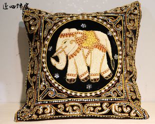 东南亚装饰品泰国布艺抱枕套，靠垫手工刺绣珠绣大象靠垫抱枕