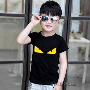 韩版儿童中大童男童夏装黑色短袖，t恤潮男孩怪兽眼睛半袖体恤纯棉
