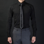 秋季英伦修身纯黑色方尖领法式袖扣衬衣衬衫免烫，修身职业型男寸衣