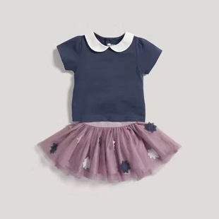 儿童套装欧美风女童春秋款纯棉短袖T恤粉色花朵半裙两件套