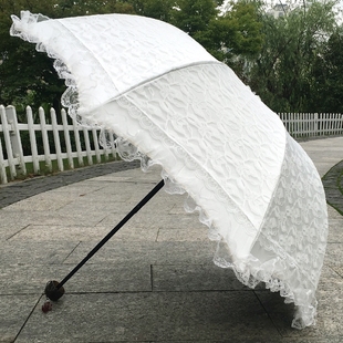 太阳伞防晒防紫外线纯白色蕾丝花边黑胶，零透光三折叠晴雨伞女洋伞