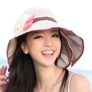 莹彩女孩帽子时尚韩版遮阳帽大沿沙滩帽子夏天女花朵防晒帽 GM092