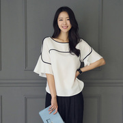 伊凡度夏季韩版优雅上衣女白色宽松撞色连肩短袖雪纺衫喇叭袖小衫