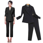 纯黑白色时尚职业套装女裤两件套韩国修身显瘦双排，扣小西装外套潮