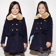 韩国童装潮品店冬季韩版女童翻领夹棉洋气带毛领毛呢大衣外套