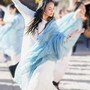 花椿诗意禅舞服装女士中道，演出练功亚麻连衣裙夏白色(夏白色)仙气长裙原创