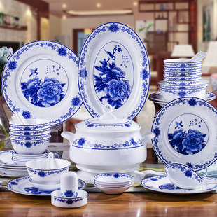 景德镇青花瓷餐具套装陶瓷，碗盘56头骨瓷，碗碟釉中家用中式高档乔迁