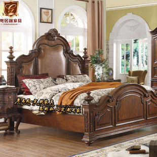 美式实木床真皮床婚床高端复古雕花别墅卧室柱子床双人床主卧床