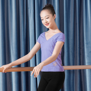 红舞鞋舞蹈练功服形体上衣女棉v领短袖芭蕾，中国舞拉丁体操服少儿
