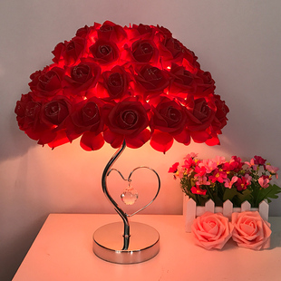 水晶台灯创意婚庆，婚房红色陪嫁卧室床头灯，台灯欧式玫瑰花结婚礼物