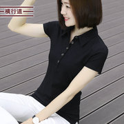 2024夏季职业装黑色纯棉短袖T恤女POLO领短袖t恤翻领上衣半袖