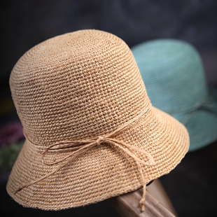 手工拉菲草帽渔夫帽子盆帽遮阳帽，女士韩版夏天送花朵