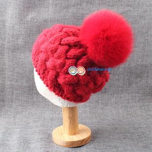 宝宝冬季毛线帽子男女喜庆新年大红色帽 儿童亲子狐狸毛球皮草帽