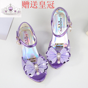 女童凉鞋2024韩版夏季公主高跟鞋，儿童鱼嘴露趾鞋女孩紫色凉鞋