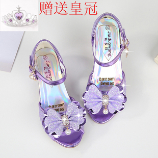 女童凉鞋2024韩版夏季公主，高跟鞋儿童鱼嘴露趾鞋女孩紫色凉鞋