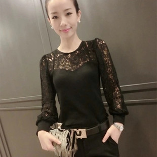 春秋韩版女装黑色蕾丝灯笼袖圆领拼接打底衫修身显瘦长袖上衣
