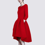 欧美大牌2016冬季名媛复古气质，修身显瘦百褶大红色连衣裙中裙