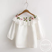 2022春夏蕾丝花朵刺绣，清纯气质七分袖一字肩，白衬衫女甜美衬衣