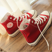 环球红色大码女士高帮帆布鞋，40414243韩版高邦鞋子平跟单鞋潮