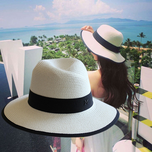 夏天大(夏天大)帽檐m礼帽，女夏季韩版太阳帽沙滩，遮阳白色草帽子海边防晒帽