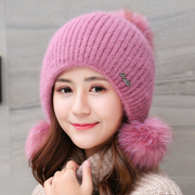 帽子女冬季休闲百搭韩版针织帽可爱学生保暖毛线帽兔毛球球护耳帽